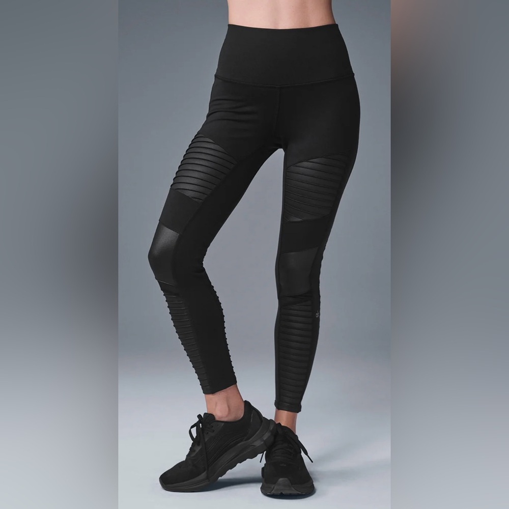 NWT Alo Yoga High Waist Moto Leggings Black Black Glossy Size XS